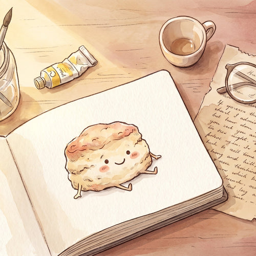 Watercolor illustration of an illustrator's wooden workspace with brushes, paints, a sketchbook showing a drawn scone character, reading glasses and handwritten notes in warm afternoon light.