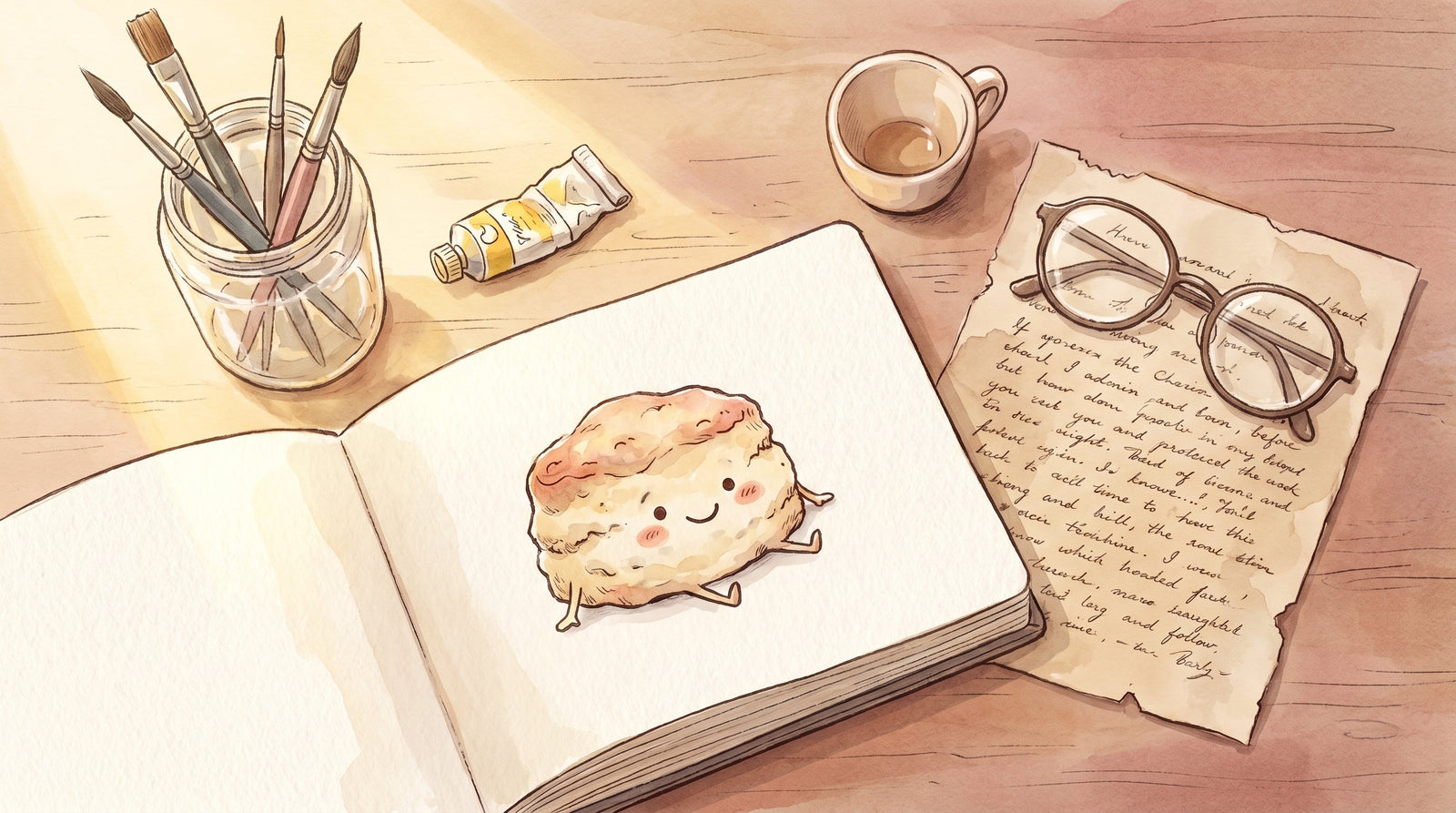 Watercolor illustration of an illustrator's wooden workspace with brushes, paints, a sketchbook showing a drawn scone character, reading glasses and handwritten notes in warm afternoon light.