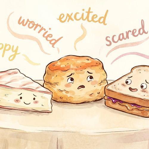 Watercolor illustration of a scone, a wedge of brie and a peanut-butter sandwich with expressive faces, with handwritten emotion words — happy, worried, excited, scared, both — floating above them.