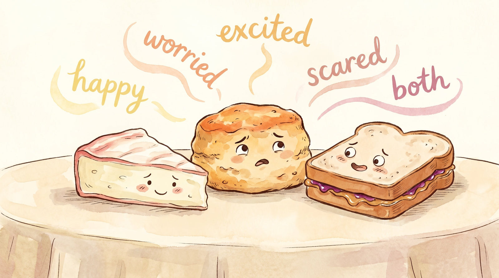 Watercolor illustration of a scone, a wedge of brie and a peanut-butter sandwich with expressive faces, with handwritten emotion words — happy, worried, excited, scared, both — floating above them.