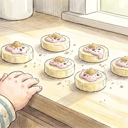 Watercolor illustration of banana slices topped with strawberry yogurt, crumbs and chocolate chips on a kitchen counter, with a small child's hand reaching in.