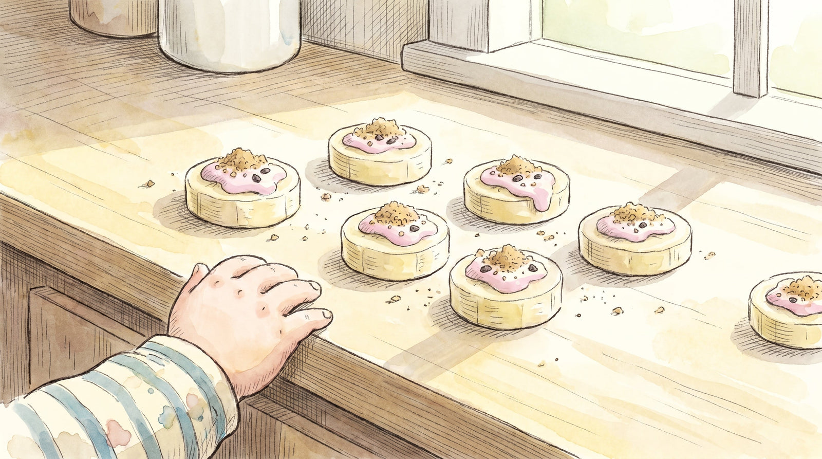 Watercolor illustration of banana slices topped with strawberry yogurt, crumbs and chocolate chips on a kitchen counter, with a small child's hand reaching in.
